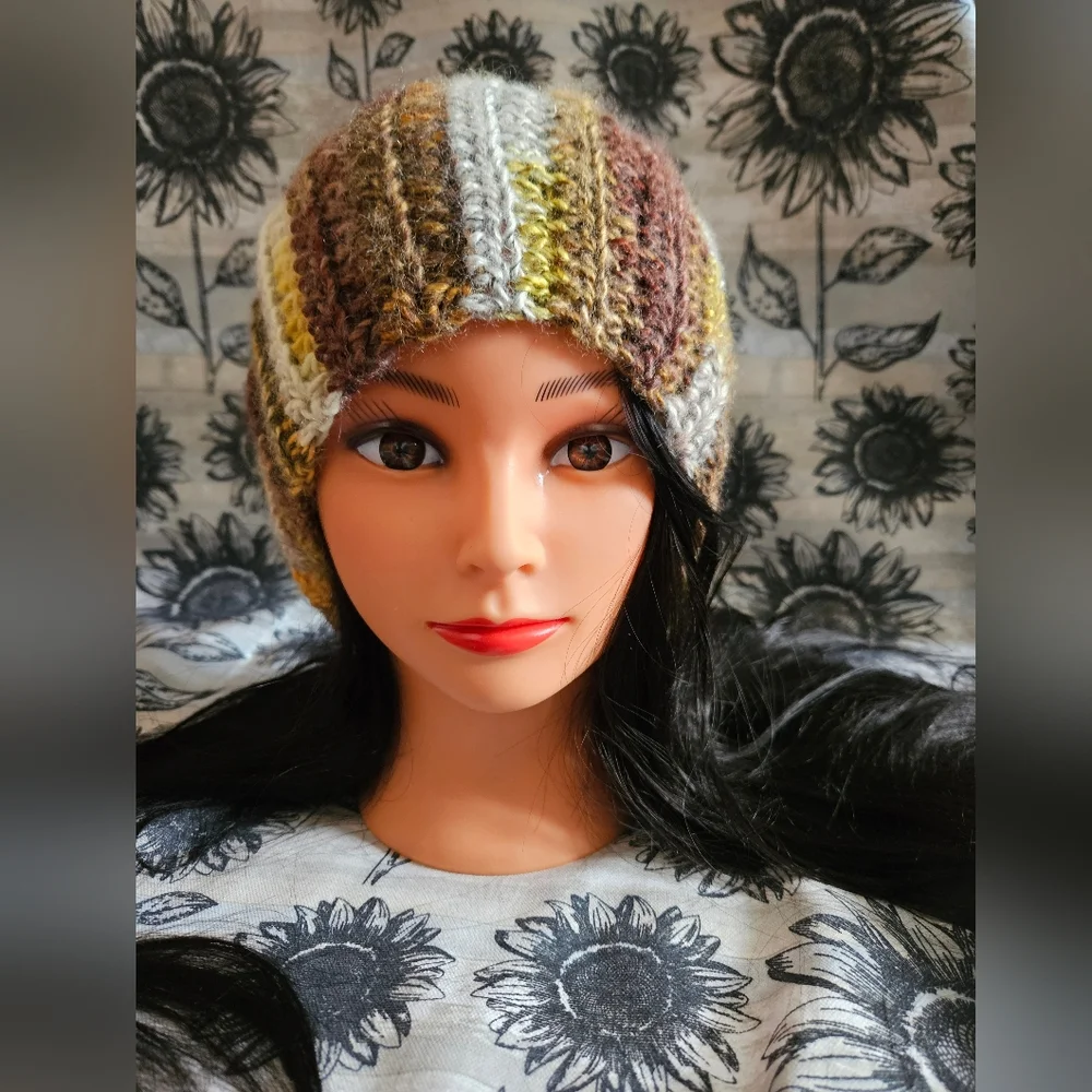 Crochet Wool Mix Slouchy Green Brown Beanie Hat - Picture 2 of 12